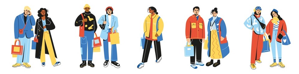 Shopping characters. Happy couples with purchases. Men and women hold shopper bags with goods. Young families buy trendy clothes. Vector set of people in fashionable casual clothing