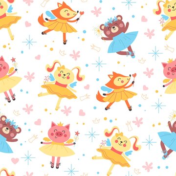Seamless ballerina animals. Dancing little fairies with magic wands. Cartoon background design. Kids print with girly ballet elements. Princess in tutu dress and pointe. Vector pattern