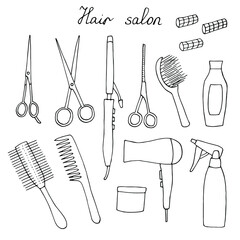Hair salon set vector illustration, hand drawing doodle