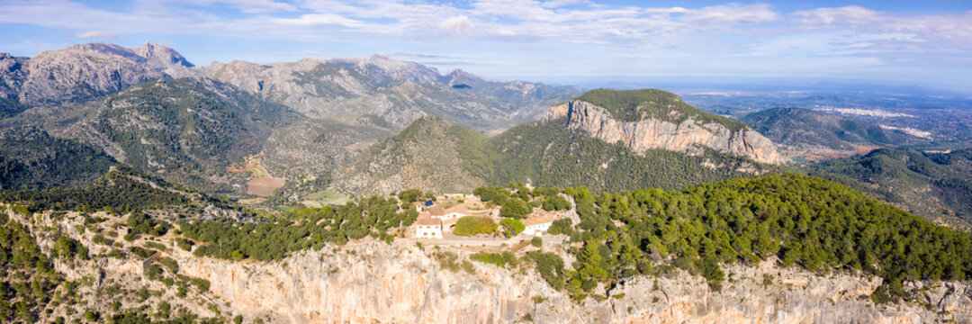 Ruins of castle Castell Alaro on Mallorca mountain landscape scenery travel traveling holidays vacation aerial photo panorama in Spain