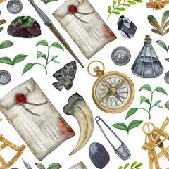 Seamless hand drawn watercolor pattern. Adventure and traveling style ornament for wrapping paper, postcards and fabrics.