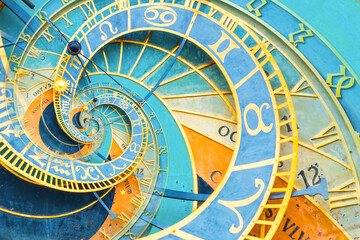 Droste effect background based on Prague astronomical clock. Abstract design for concepts related to astrology and fantasy. - obrazy, fototapety, plakaty