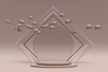 3D geometric minimal composition with abstract triangular podium and flying creamy bubbles. Beige background for cosmetic, beauty product promotion