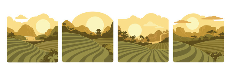 Beautiful fields on hills and plantations in a tropical valley of mountains vector set background. Summer rainforest with a waterfall and sunset background set. Fields of tea or coffee landscape