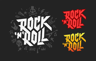Rock'n'Roll music modern lettering set with hand draw grunge punk elements - vector template. Rock sign for print stamp tee and apparel