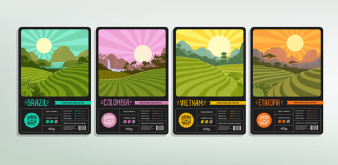Coffee Soul brand identity with lettering logo and label design - vintage style vector template. Coffee or tea plantations and fields landscapes. Rainforest and mountain valley with sunrise
