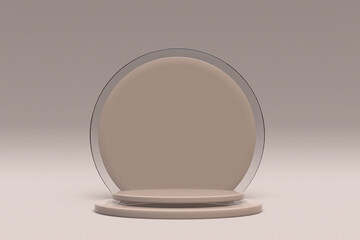 3D beige background with geometric round podium, stand, pedestal. Trendy graphic design. Neutral shades, minimal shapes