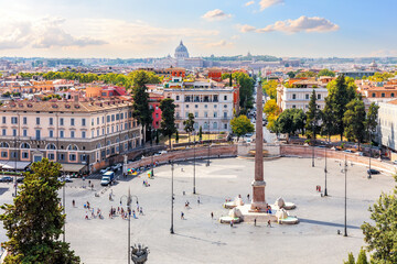 View on he Egyptian Obelisk and fountains in Piazza del Popolo, Rome, Italy