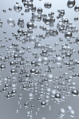 3D flying silver bubbles, spheres, balls. Minimal composition for creative design, poster, greeting card. Festive vertical template