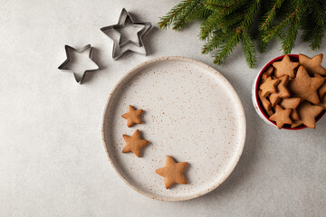 Christmas gingerbread cookies on the plate. Snowflake