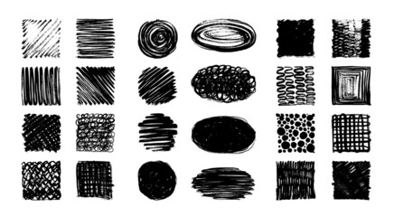 Sketch hatching set. Brush sketches, black grunge shapes for design. Pencil, pen or chalk basic crosshatch textures. Isolated charcoal scrawl swanky vector bundle