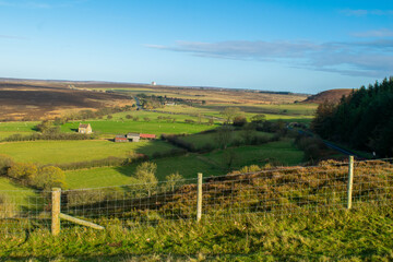 Fototapeta na wymiar View of green valley with stone farm house in North Yorkshire England