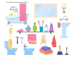 Bathroom elements. Bath sink, cartoon toothbrush and hygiene objects. Towels, bottles, lamp and mirror. Isolated interior decent vector set