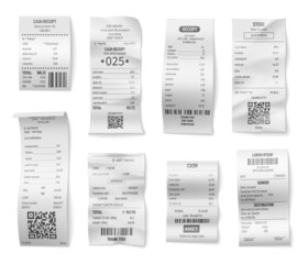 Retail bills. Check bill print, receipt of purchase or cafe. Isolated shopping paper receipts, store or restaurant invoice. Supermarket payments exact vector set