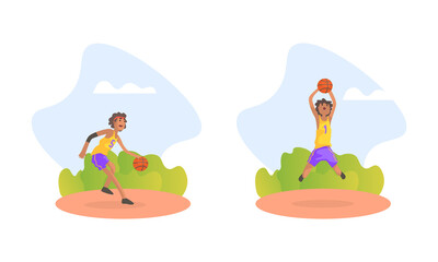 African American Boy Throwing Ball into Basket Ring Playing Basketball Vector Set