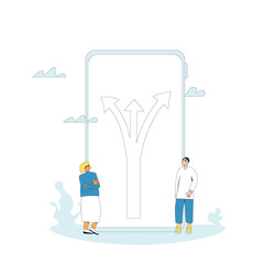 Young people standing at crossroads on phone screen. Decision.