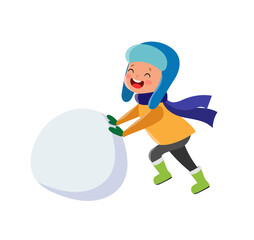 Vector boy kid plays snowball at winter outdoors