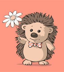 Cute hedgehog with a flower in his hand. Animal character for design of postcards and greetings. Vector cartoon art illustration hand drawn