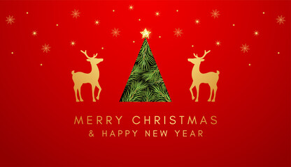 Merry Christmas and Happy New Year. Gold deers on a red background and Christmas tree. Festive vector illustration for your design.
