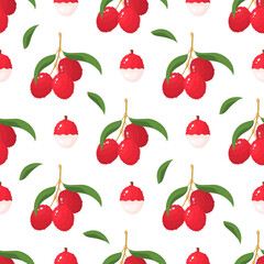 Seamless pattern with fresh bright lychee fruits isolated on white background. Summer fruits for healthy lifestyle. Organic fruit. Cartoon style. Vector illustration for any design.