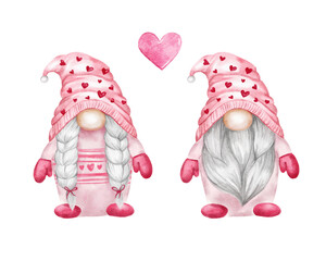 Watercolor gnomes couple, Valentines day illustration. Gnome with hot cocoa mug and with red heart, isolated on white background. Boy and girl Nordic elf in pink hats.