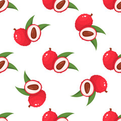 Seamless pattern with fresh bright lychee fruits isolated on white background. Summer fruits for healthy lifestyle. Organic fruit. Cartoon style. Vector illustration for any design.