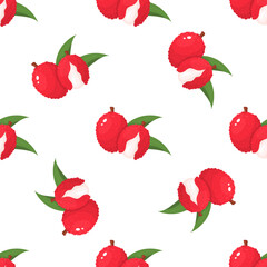 Seamless pattern with fresh bright lychee fruits isolated on white background. Summer fruits for healthy lifestyle. Organic fruit. Cartoon style. Vector illustration for any design.