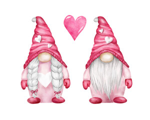 Watercolor gnomes couple, Valentines day illustration. Gnome with hot cocoa mug and with red heart, isolated on white background. Boy and girl Nordic elf in pink hats.