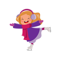 Vector cute teen girl figure ice skating at winter