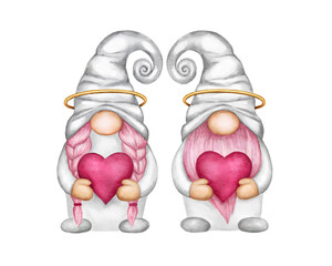 Watercolor angel gnomes couple, Valentines day illustration. Gnome with hot cocoa mug and with red heart, isolated on white background. Boy and girl Nordic elf in pink hats. Pastel color palette.