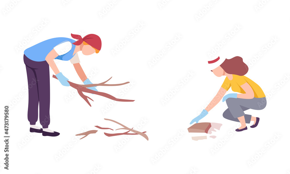 Poster man and woman volunteer gathering garbage and dry twigs vector set