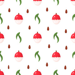 Seamless pattern with fresh bright lychee fruits isolated on white background. Summer fruits for healthy lifestyle. Organic fruit. Cartoon style. Vector illustration for any design.