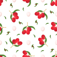 Seamless pattern with fresh bright lychee fruits isolated on white background. Summer fruits for healthy lifestyle. Organic fruit. Cartoon style. Vector illustration for any design.