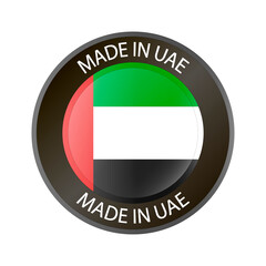 Made in United Arab Emirates 3d button. Round label with UAE flag. High quality product mark. Glossy sticker. Round icon. Badge. Product of UAE. Manufactured in the Near East