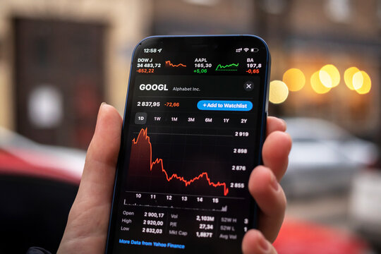 Kharkov, Ukraine - December 1, 2021: Google GOOGL stock trade close-up. Financial graphs, investment, digital banking concept. Smartphone with stock market app in hand
