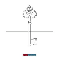 Continuous line drawing of antique key. Symbol of safety and reliability. Emblem of a house or real estate company. Template for your design works. Vector illustration.