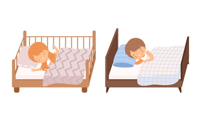 Little Boy and Girl Sleeping Sweetly on Soft Pillow Under Blanket in Their Bed Vector Set
