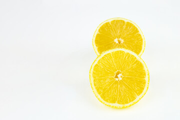 Half Place Yellow Lemon On The. Tropical organic lemon fruit, citrus, vitamin C. Lemon slices.