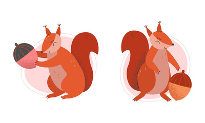 Furry Squirrel Animal with Bushy Tail and Red Coat Vector Set