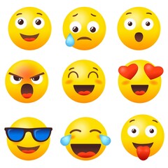 Emoji reaction set. Emoticon icon, emoticons emojis media, social chat message mood smile, emotion face smiles reactions expression, like heart cry love happy, emotes neat vector