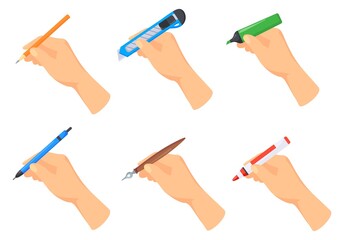 Writing accessories in hands. Hand writes with pen, pencil on paper sheet, signing document, handwritten letter, draw sketches on papers, stationery cartoon neat vector illustration