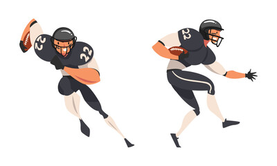 Rugby Player in Uniform Running with Oval-shaped Ball in Hand Playing Close-contact Team Sport on Pitch Vector Set