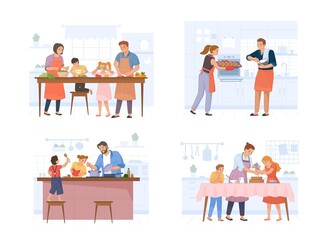 Family cooking together. Cook food at kitchen, eating dinner, home meal, eat culinary table, mother chef and child preparing bake a cake, set swanky vector illustration