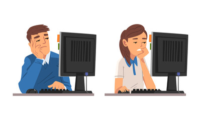 Tired Man and Woman in Front of Computer Screen Doing Work Routine in the Office Vector Set - obrazy, fototapety, plakaty