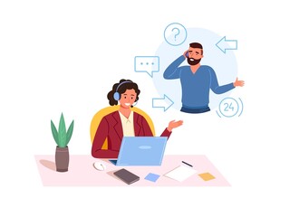 Customers care worker. Call center consultant talking phone with client, customer service support, contact information, assistant manager support, icon garish vector illustration