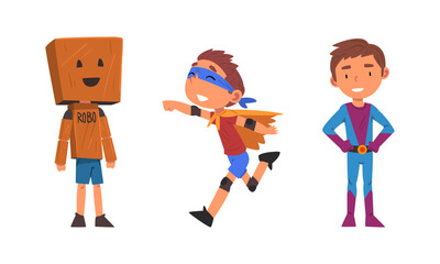 Funny Little Kid Wearing Carnival and Party Costume Vector Set