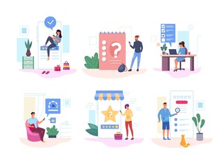 Customer giving feedback. Online survey, chek customers research and decision, client review, people opinion, vote list, set garish flat abstract vector illustration