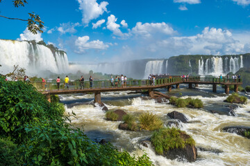 Beautiful view of a large waterfall at Iguazu Falls from brazilian side, one of the Seven Natural Wonders of the World - Foz do Iguaçu, Brazil