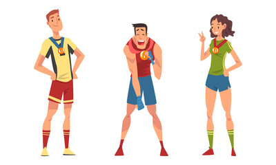Fototapeta premium People Character Sport Winner and Champion Standing and Holding Award and Prize Vector Set