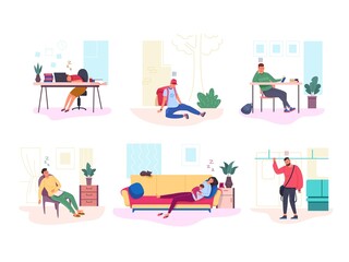 Tired bored people. Fatigued woman work in office job, lazy sleepy student long lecture, anxiety mother sleep baby home, depressed girl weakness, garish vector illustration